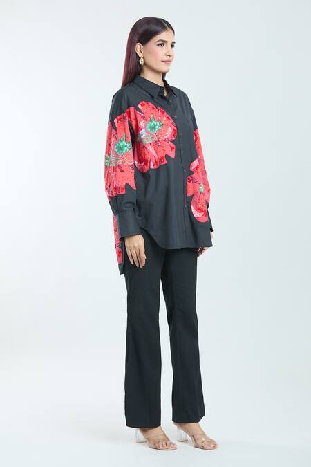 Rahul Mishra Black Poplin Applique Collared Hibiscus Shirt Online at Aza Fashions Rahul Mishra_Black Poplin Applique Collared Hibiscus Shirt _Online_at_Aza_Fashions
