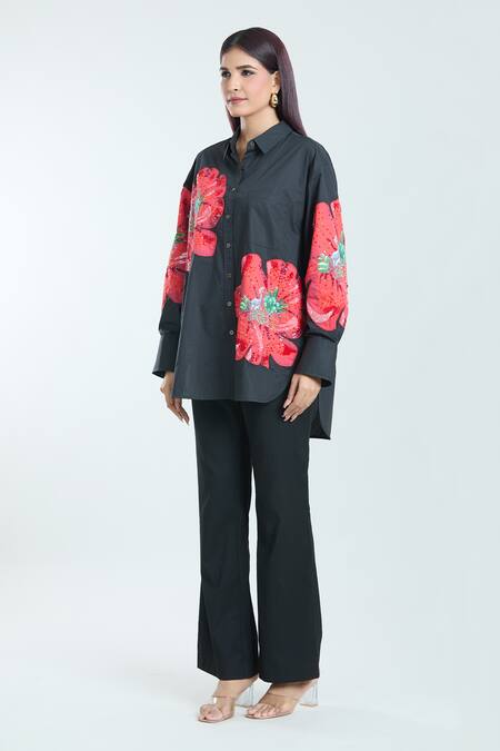 Buy Rahul Mishra Black Poplin Applique Collared Hibiscus Shirt Online at Aza Fashions Buy_Rahul Mishra_Black Poplin Applique Collared Hibiscus Shirt _Online_at_Aza_Fashions