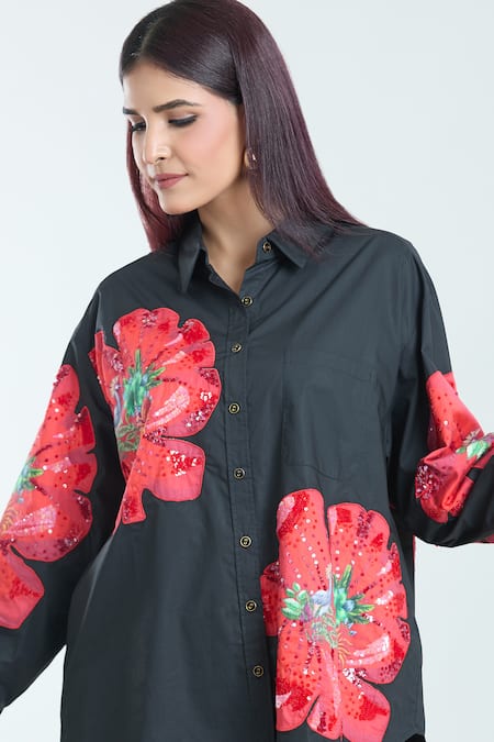 Shop Rahul Mishra Black Poplin Applique Collared Hibiscus Shirt Online at Aza Fashions Shop_Rahul Mishra_Black Poplin Applique Collared Hibiscus Shirt _Online_at_Aza_Fashions