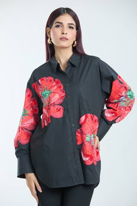 Rahul Mishra Black Poplin Applique Collared Hibiscus Shirt at Aza Fashions Rahul Mishra_Black Poplin Applique Collared Hibiscus Shirt _at_Aza_Fashions