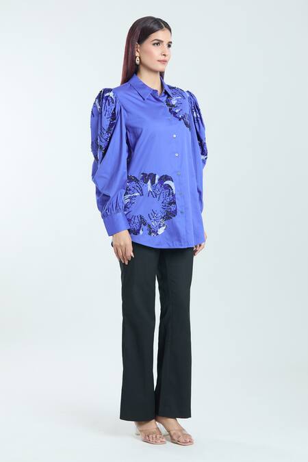 Rahul Mishra_Blue Cotton Sequins, Embroidery Collared Hibiscus Shirt _Online_at_Aza_Fashions