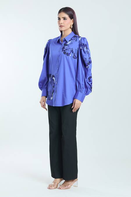 Buy_Rahul Mishra_Blue Cotton Sequins, Embroidery Collared Hibiscus Shirt _Online_at_Aza_Fashions
