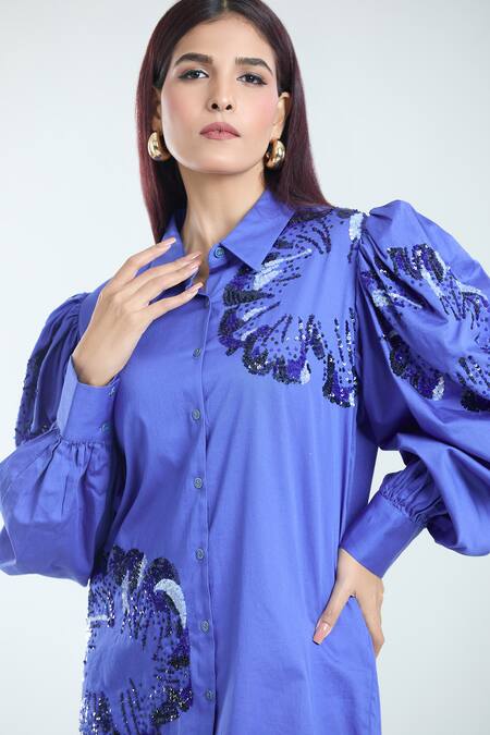 Shop_Rahul Mishra_Blue Cotton Sequins, Embroidery Collared Hibiscus Shirt _Online_at_Aza_Fashions