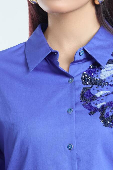 Rahul Mishra_Blue Cotton Sequins, Embroidery Collared Hibiscus Shirt _at_Aza_Fashions