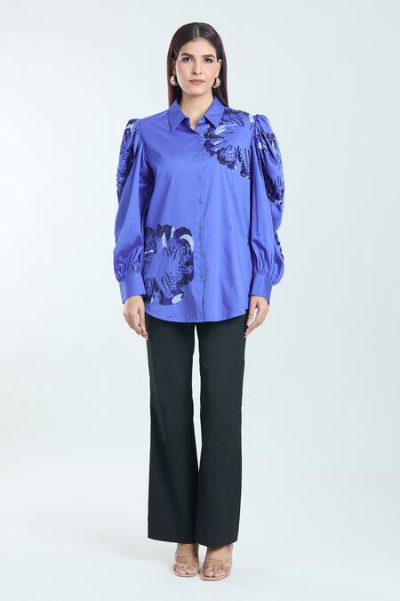 Buy_Rahul Mishra_Blue Cotton Sequins, Embroidery Collared Hibiscus Shirt 