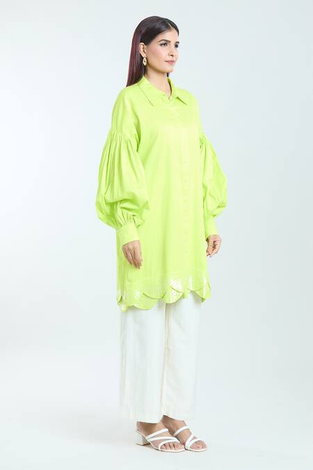 Rahul Mishra_Green Poplin Sequins Scalloped Hem Oversized Shirt _Online_at_Aza_Fashions