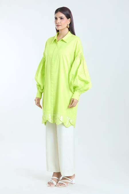 Buy_Rahul Mishra_Green Poplin Sequins Scalloped Hem Oversized Shirt _Online_at_Aza_Fashions