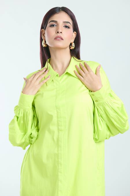 Shop_Rahul Mishra_Green Poplin Sequins Scalloped Hem Oversized Shirt _Online_at_Aza_Fashions