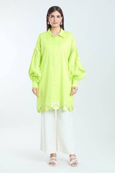 Buy_Rahul Mishra_Green Poplin Sequins Scalloped Hem Oversized Shirt 