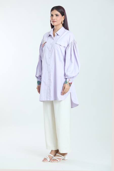 Rahul Mishra_Purple Poplin Embroidery Collared Placed Floral Applique Oversized Shirt _Online_at_Aza_Fashions