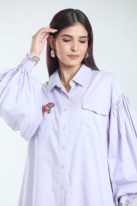 Buy_Rahul Mishra_Purple Poplin Embroidery Collared Placed Floral Applique Oversized Shirt _Online_at_Aza_Fashions