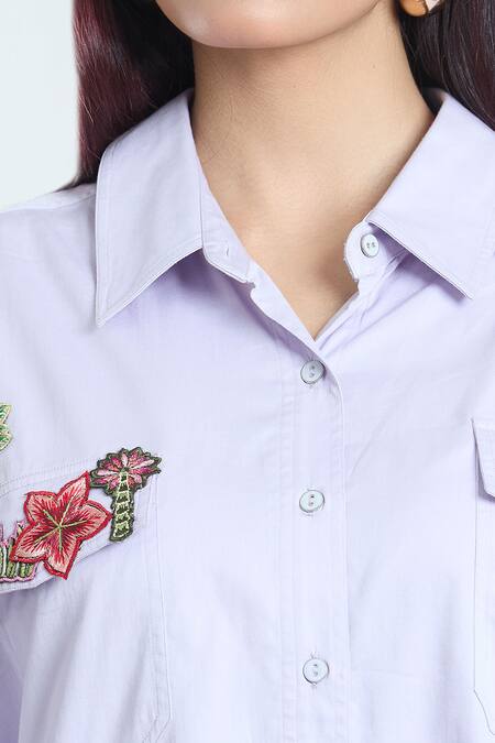 Shop_Rahul Mishra_Purple Poplin Embroidery Collared Placed Floral Applique Oversized Shirt _Online_at_Aza_Fashions
