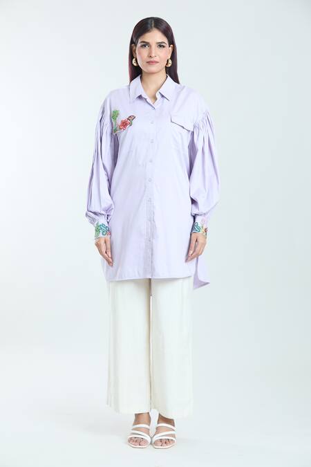 Rahul Mishra_Purple Poplin Embroidery Collared Placed Floral Applique Oversized Shirt _at_Aza_Fashions