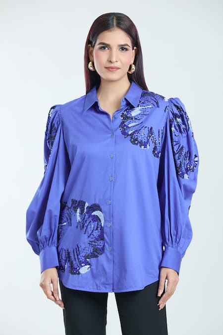 Rahul Mishra Blue Cotton Sequins Shawl Neck Hibiscus Embroidered Shirt Online at Aza Fashions Rahul Mishra_Blue Cotton Sequins Shawl Neck Hibiscus Embroidered Shirt _Online_at_Aza_Fashions