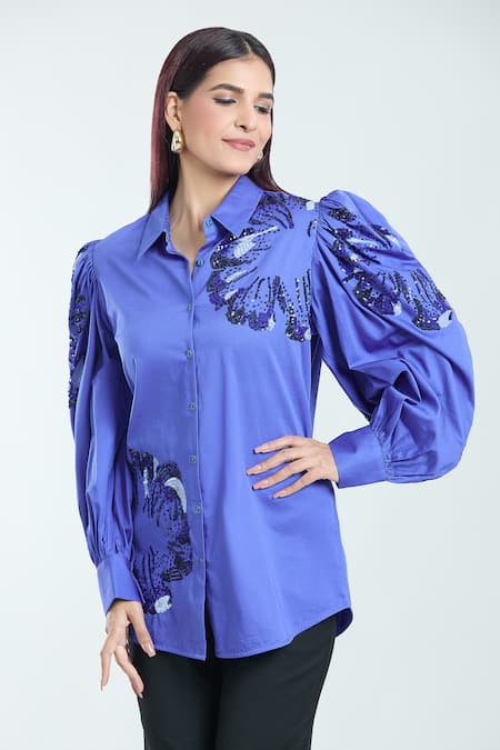 Buy Rahul Mishra Blue Cotton Sequins Shawl Neck Hibiscus Embroidered Shirt Online at Aza Fashions Buy_Rahul Mishra_Blue Cotton Sequins Shawl Neck Hibiscus Embroidered Shirt _Online_at_Aza_Fashions