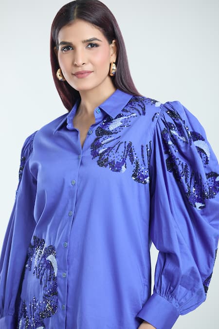 Shop Rahul Mishra Blue Cotton Sequins Shawl Neck Hibiscus Embroidered Shirt Online at Aza Fashions Shop_Rahul Mishra_Blue Cotton Sequins Shawl Neck Hibiscus Embroidered Shirt _Online_at_Aza_Fashions