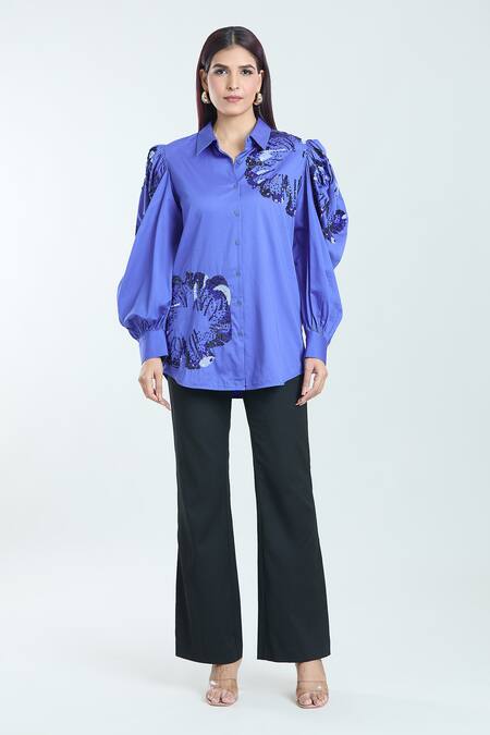 Rahul Mishra Blue Cotton Sequins Shawl Neck Hibiscus Embroidered Shirt at Aza Fashions Rahul Mishra_Blue Cotton Sequins Shawl Neck Hibiscus Embroidered Shirt _at_Aza_Fashions