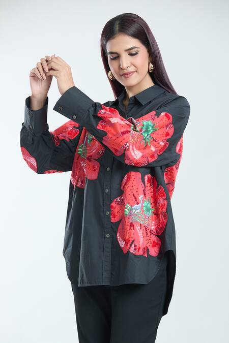 Rahul Mishra Black Poplin Embroidery Shawl Neck Hibiscus Floral Shirt Online at Aza Fashions Rahul Mishra_Black Poplin Embroidery Shawl Neck Hibiscus Floral Shirt _Online_at_Aza_Fashions