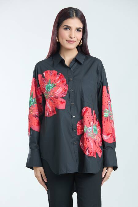 Buy Rahul Mishra Black Poplin Embroidery Shawl Neck Hibiscus Floral Shirt Online at Aza Fashions Buy_Rahul Mishra_Black Poplin Embroidery Shawl Neck Hibiscus Floral Shirt _Online_at_Aza_Fashions