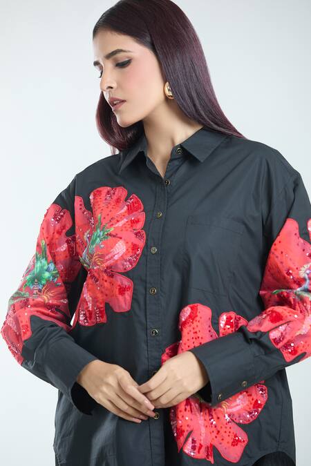 Shop Rahul Mishra Black Poplin Embroidery Shawl Neck Hibiscus Floral Shirt Online at Aza Fashions Shop_Rahul Mishra_Black Poplin Embroidery Shawl Neck Hibiscus Floral Shirt _Online_at_Aza_Fashions