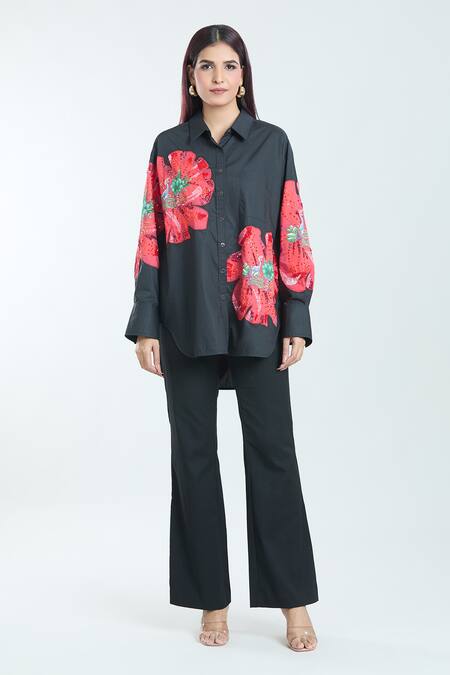 Rahul Mishra Black Poplin Embroidery Shawl Neck Hibiscus Floral Shirt at Aza Fashions Rahul Mishra_Black Poplin Embroidery Shawl Neck Hibiscus Floral Shirt _at_Aza_Fashions