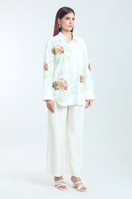 Rahul Mishra White Poplin Embroidery Shawl Neck Carnation Shirt Online at Aza Fashions Rahul Mishra_White Poplin Embroidery Shawl Neck Carnation Shirt _Online_at_Aza_Fashions