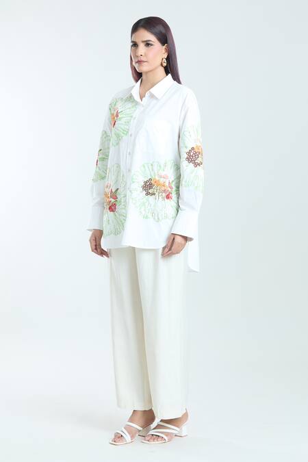 Buy Rahul Mishra White Poplin Embroidery Shawl Neck Carnation Shirt Online at Aza Fashions Buy_Rahul Mishra_White Poplin Embroidery Shawl Neck Carnation Shirt _Online_at_Aza_Fashions