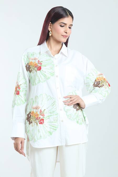 Shop Rahul Mishra White Poplin Embroidery Shawl Neck Carnation Shirt Online at Aza Fashions Shop_Rahul Mishra_White Poplin Embroidery Shawl Neck Carnation Shirt _Online_at_Aza_Fashions