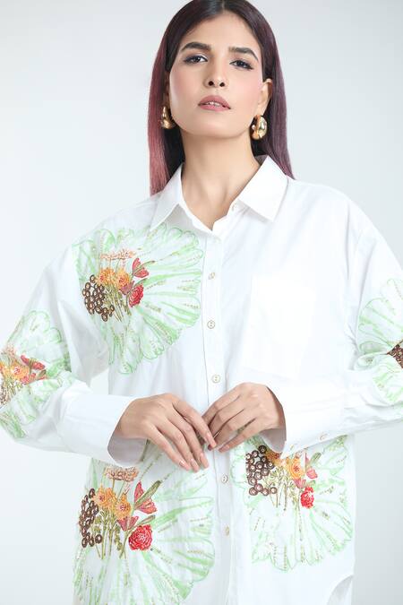 Rahul Mishra White Poplin Embroidery Shawl Neck Carnation Shirt at Aza Fashions Rahul Mishra_White Poplin Embroidery Shawl Neck Carnation Shirt _at_Aza_Fashions