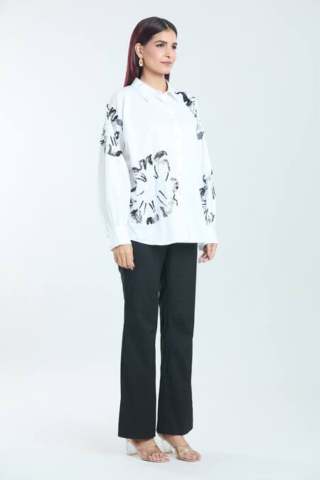 Rahul Mishra White Poplin Embroidery Collared Carnation Floral Shirt Online at Aza Fashions Rahul Mishra_White Poplin Embroidery Collared Carnation Floral Shirt _Online_at_Aza_Fashions