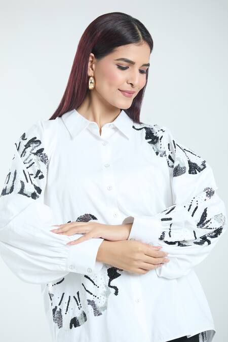 Shop Rahul Mishra White Poplin Embroidery Collared Carnation Floral Shirt Online at Aza Fashions Shop_Rahul Mishra_White Poplin Embroidery Collared Carnation Floral Shirt _Online_at_Aza_Fashions