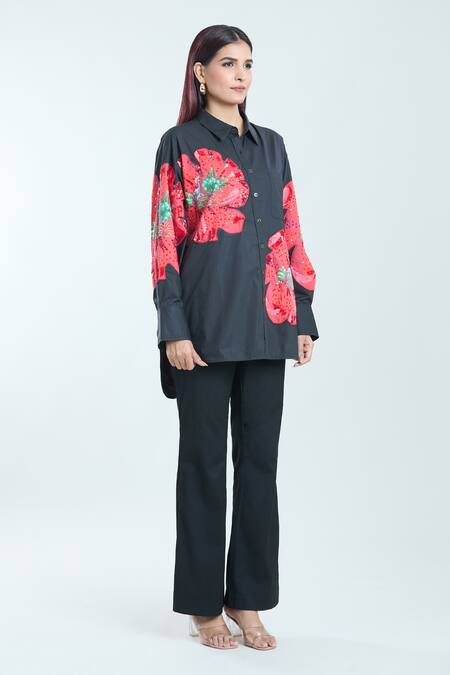 Rahul Mishra_Black Poplin Sequins, Embroidery Collared Hibiscus Floral Pattern Shirt_Online_at_Aza_Fashions