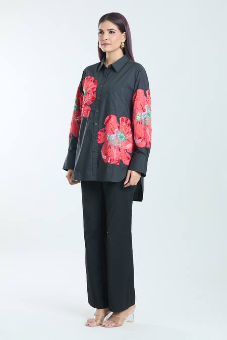 Buy_Rahul Mishra_Black Poplin Sequins, Embroidery Collared Hibiscus Floral Pattern Shirt_Online_at_Aza_Fashions