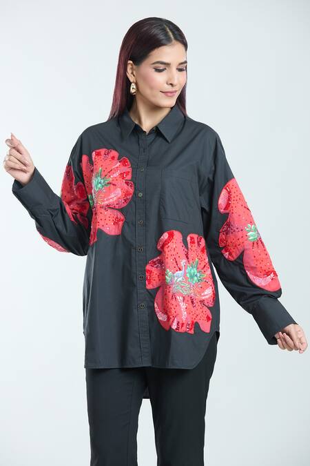 Shop_Rahul Mishra_Black Poplin Sequins, Embroidery Collared Hibiscus Floral Pattern Shirt_Online_at_Aza_Fashions