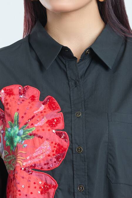 Rahul Mishra_Black Poplin Sequins, Embroidery Collared Hibiscus Floral Pattern Shirt_at_Aza_Fashions