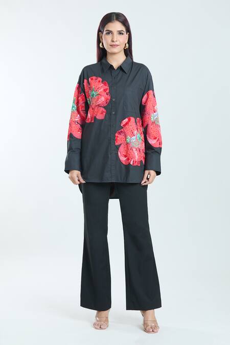 Buy_Rahul Mishra_Black Poplin Sequins, Embroidery Collared Hibiscus Floral Pattern Shirt