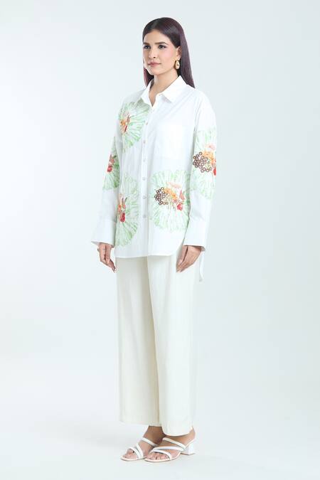Buy_Rahul Mishra_White Poplin Applique Embroidery Carnation Floral Shirt Collar _Online_at_Aza_Fashions