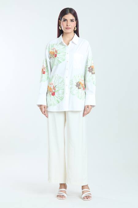Rahul Mishra_White Poplin Applique Embroidery Carnation Floral Shirt Collar _at_Aza_Fashions