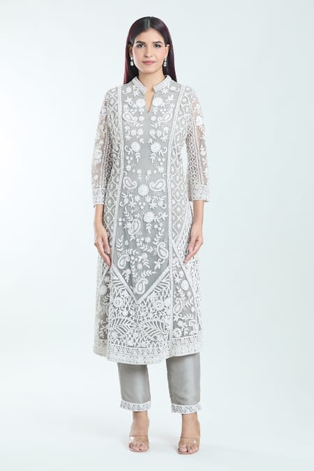 Seema Gujral_Grey Cotton, Silk, Chiffon Embroidery, Sequins Bandeau Paisley Kurta Pant Set _Online_at_Aza_Fashions