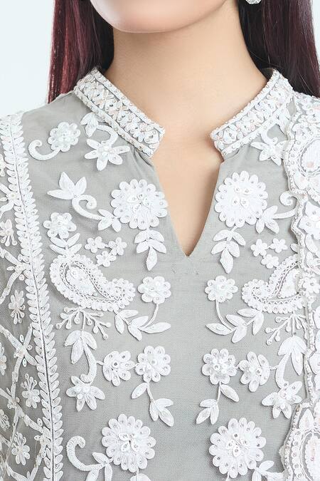 Shop_Seema Gujral_Grey Cotton, Silk, Chiffon Embroidery, Sequins Bandeau Paisley Kurta Pant Set _Online_at_Aza_Fashions