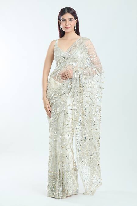 Seema Gujral White Silk Mirrors, Zari, Embroidery Plunge Neck Paisley Saree With Blouse Online at Aza Fashions Seema Gujral_White Silk Mirrors, Zari, Embroidery Plunge Neck Paisley Saree With Blouse_Online_at_Aza_Fashions