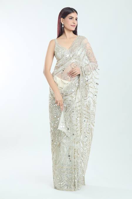 Buy Seema Gujral White Silk Mirrors, Zari, Embroidery Plunge Neck Paisley Saree With Blouse Online at Aza Fashions Buy_Seema Gujral_White Silk Mirrors, Zari, Embroidery Plunge Neck Paisley Saree With Blouse_Online_at_Aza_Fashions