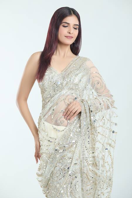 Shop Seema Gujral White Silk Mirrors, Zari, Embroidery Plunge Neck Paisley Saree With Blouse Online at Aza Fashions Shop_Seema Gujral_White Silk Mirrors, Zari, Embroidery Plunge Neck Paisley Saree With Blouse_Online_at_Aza_Fashions
