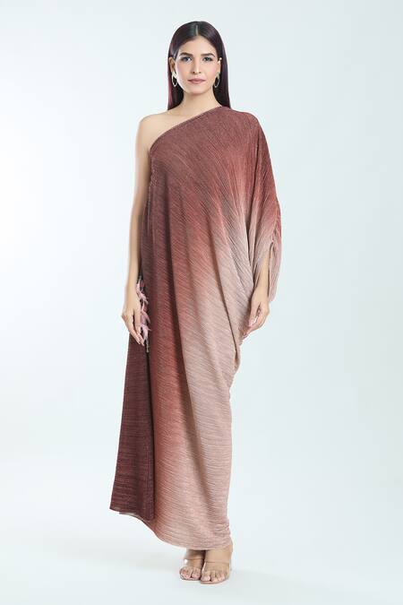 Tarun Tahiliani Brown Metallic Crinkle One Shoulder Ombre Dress at Aza Fashions Tarun Tahiliani_Brown Metallic Crinkle One Shoulder Ombre Dress_at_Aza_Fashions