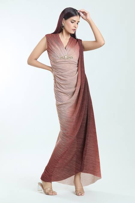 Buy_Tarun Tahiliani_Brown Tulle Brooches V-neck Hand Embroidered Detailed Ombre Dress _Online_at_Aza_Fashions