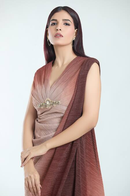 Shop_Tarun Tahiliani_Brown Tulle Brooches V-neck Hand Embroidered Detailed Ombre Dress _Online_at_Aza_Fashions