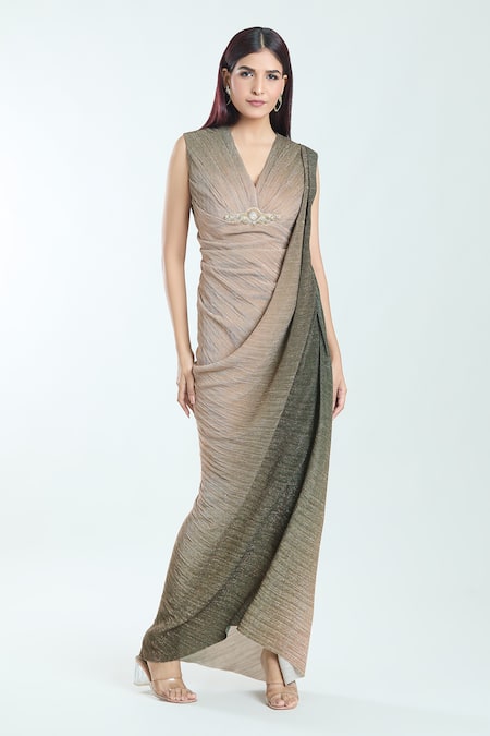 Shop_Tarun Tahiliani_Green Tulle Brooches V-neck Embroidered Detailed Ombre Dress _Online_at_Aza_Fashions