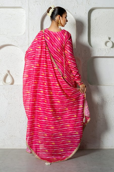 Shop_Yuvraani Jaipur_Pink Kota Doria, Cotton Patti, Diagonal Stripe Print Anarkali Set _at_Aza_Fashions