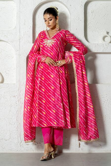 Shop_Yuvraani Jaipur_Pink Kota Doria, Cotton Patti, Diagonal Stripe Print Anarkali Set _Online_at_Aza_Fashions