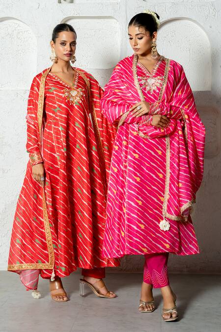 Buy_Yuvraani Jaipur_Pink Kota Doria, Cotton Patti, Diagonal Stripe Print Anarkali Set 